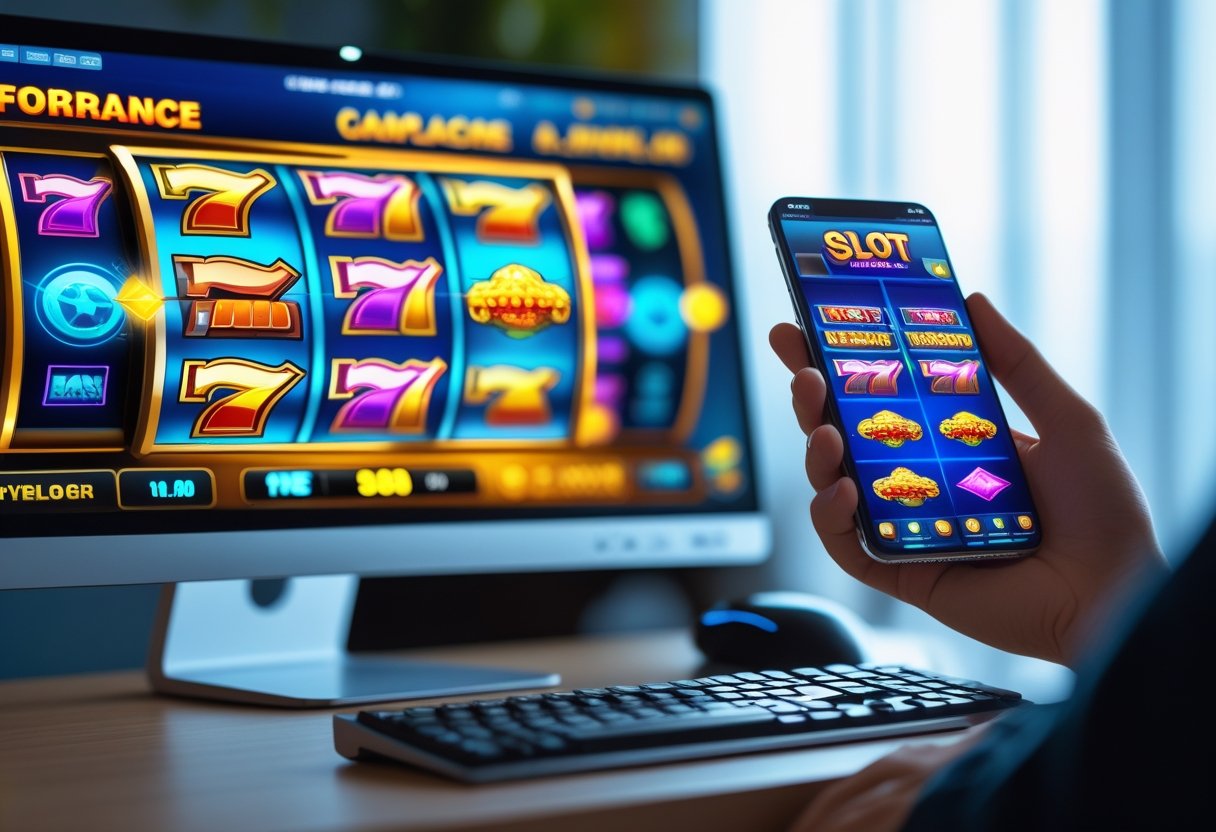 A desktop computer and a smartphone both displaying colorful slot machine games, highlighting the difference between desktop and mobile gaming experiences.