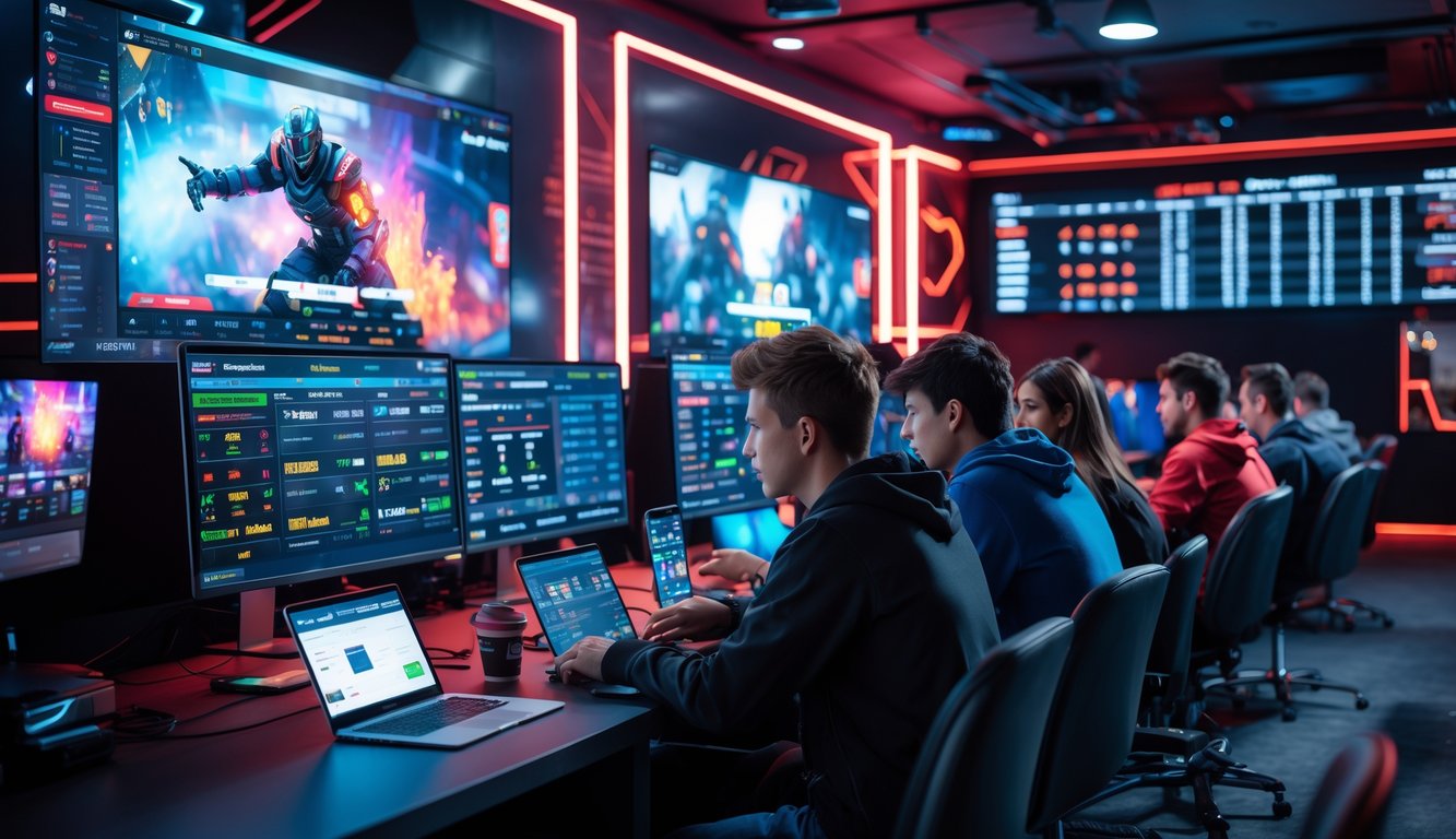 Sekelompok orang muda di ruang game modern dengan beberapa monitor besar menampilkan permainan esports dan data taruhan secara langsung.