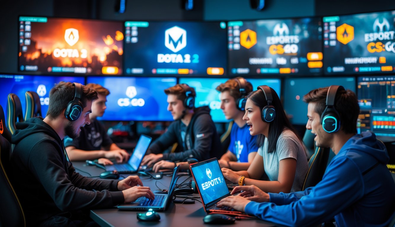 Beberapa orang muda sedang memasang taruhan pada permainan Dota 2 dan CS di depan monitor komputer dengan suasana kompetitif.