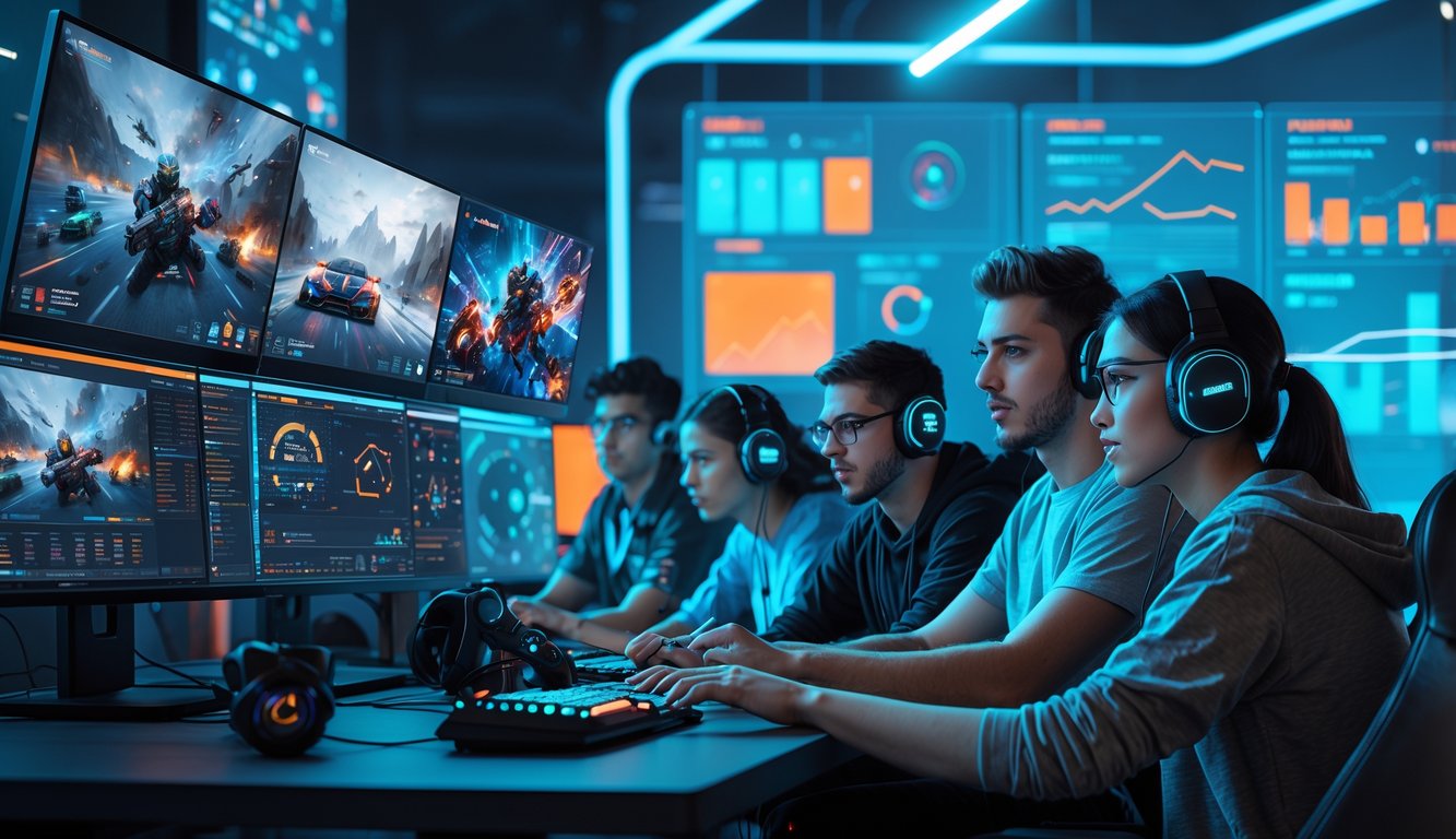 Sekelompok orang muda sedang menganalisis data dan bermain game esports di ruang kerja modern dengan beberapa monitor dan elemen digital futuristik.