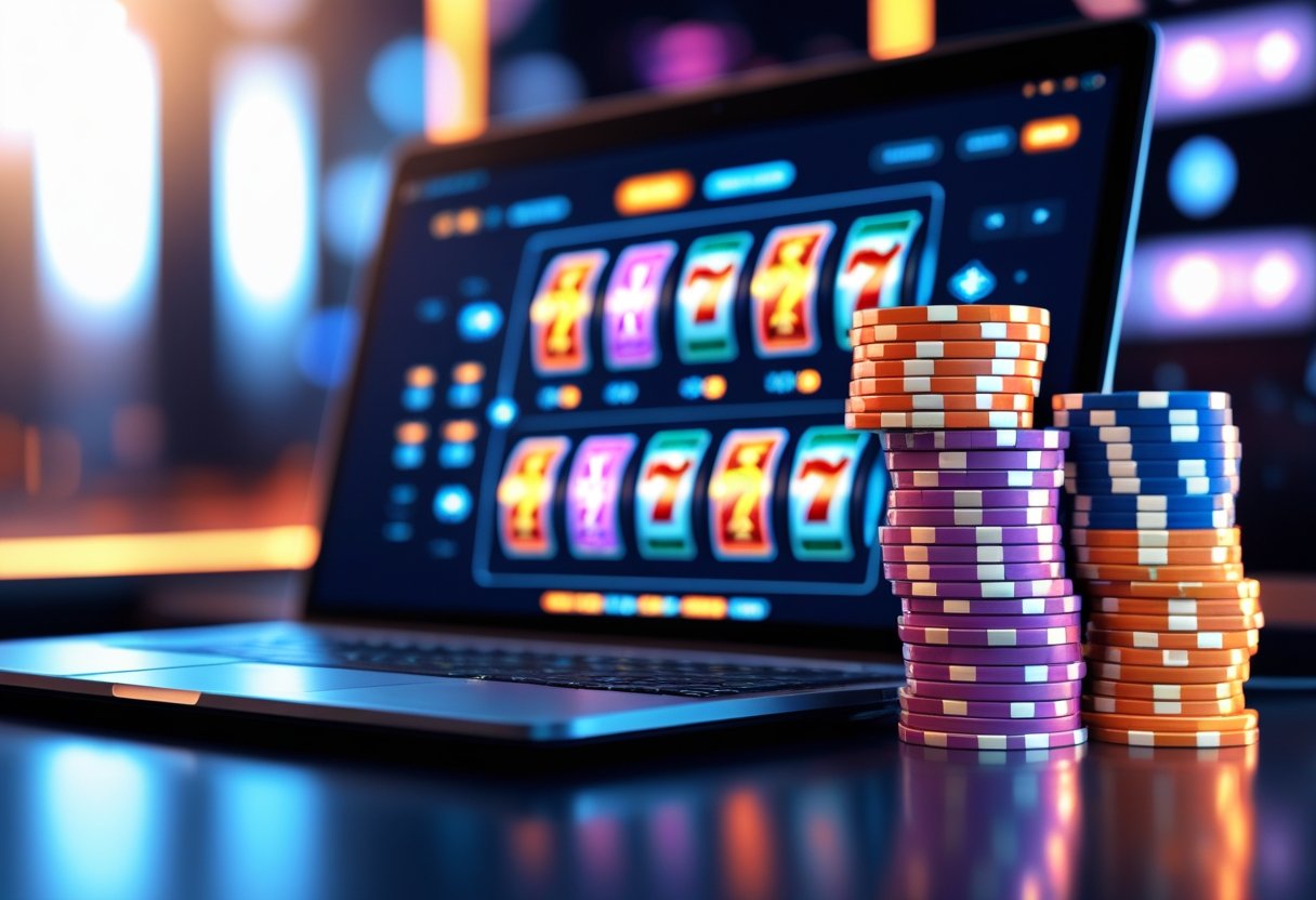 A gaming setup showing an online slot machine on a screen beside stacks of casino chips and cash representing bonus money.