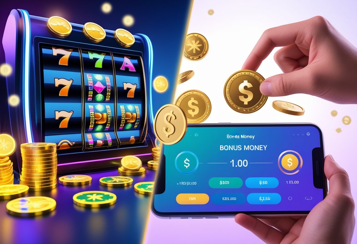 A split scene showing a digital slot machine with spinning reels and glowing coins on one side, and a hand holding a golden coin above a smartphone displaying a casino balance on the other side.