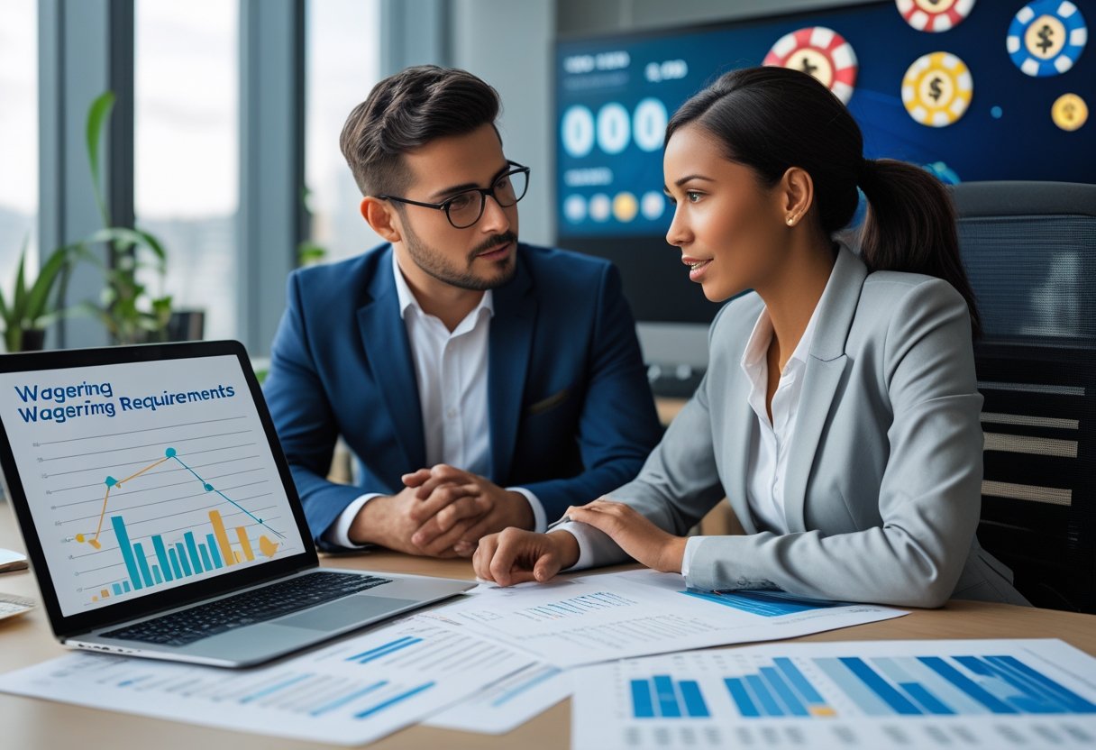 Two business professionals discussing financial documents and data related to wagering requirements in a modern office.