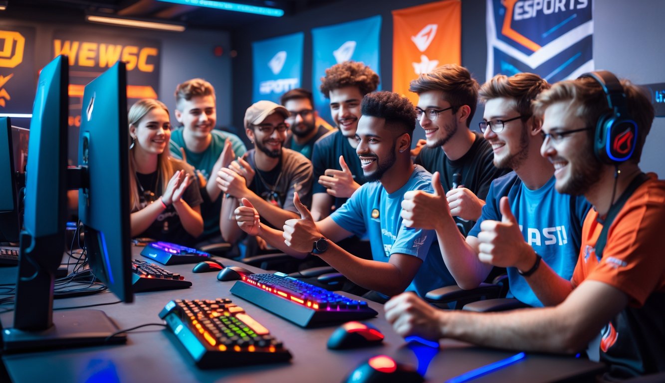 Sekelompok orang muda merayakan bergabungnya anggota baru di sebuah ruang permainan dengan peralatan game modern.