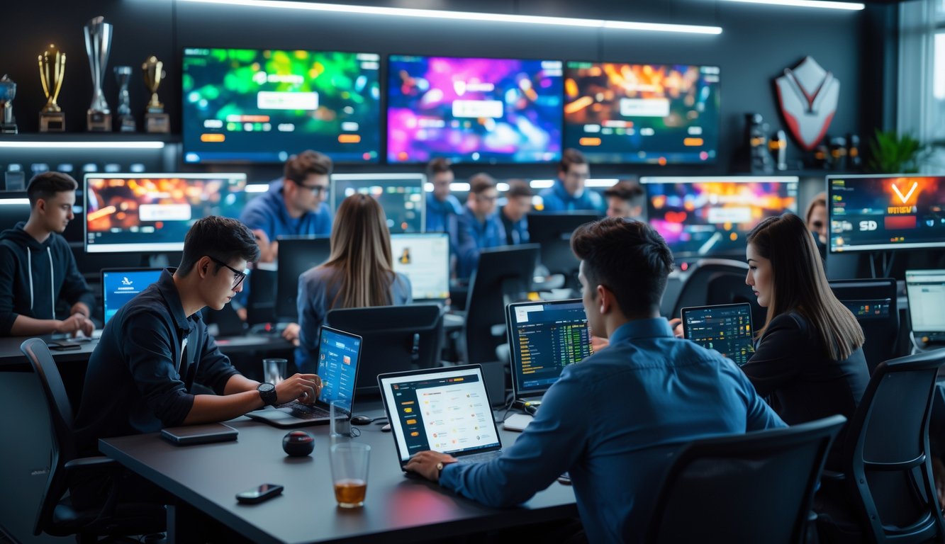 Sejumlah orang muda sedang menggunakan komputer dan ponsel di kantor modern dengan layar besar menampilkan pertandingan esports dan data taruhan.