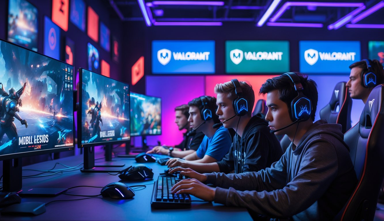 Sejumlah pemain muda sedang bermain game esports Mobile Legends dan Valorant di ruang permainan dengan monitor dan peralatan gaming modern.