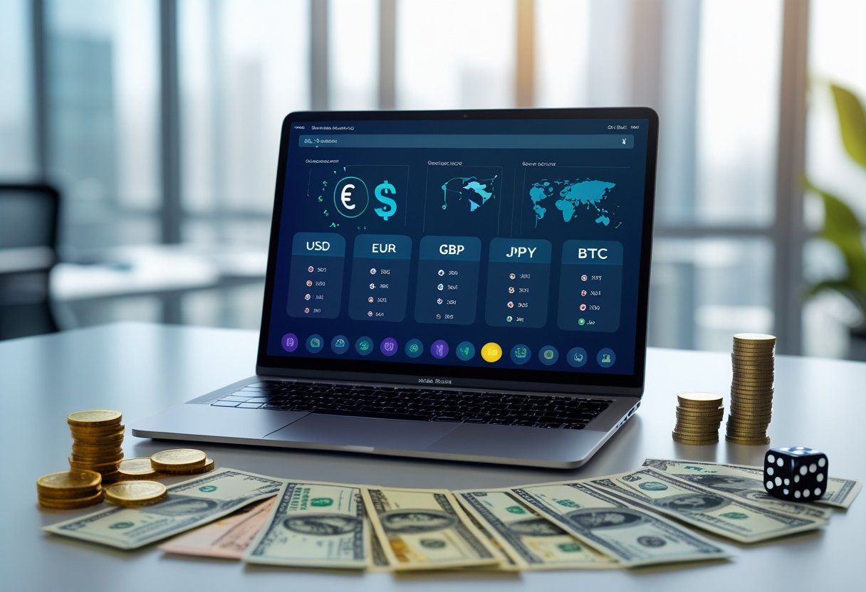 A laptop on a desk showing a digital dashboard with multiple currency symbols, surrounded by various international currency notes, coins, poker chips, and dice in a modern office setting.
