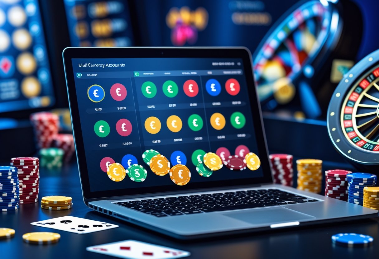 A modern workspace with a laptop showing multiple currency symbols and casino elements like poker chips and playing cards nearby.