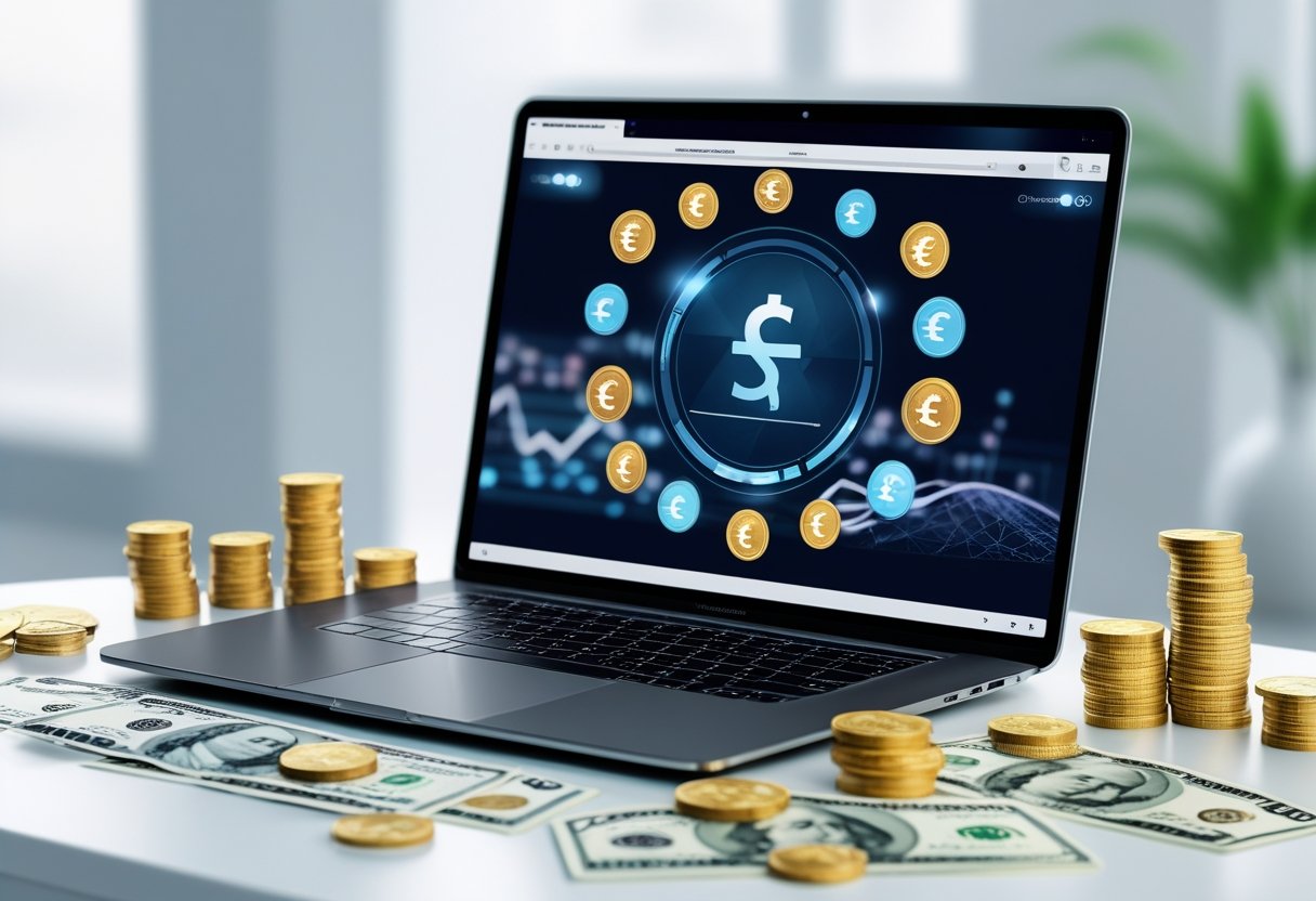 A laptop on a desk showing a digital gambling platform surrounded by various international banknotes and coins.