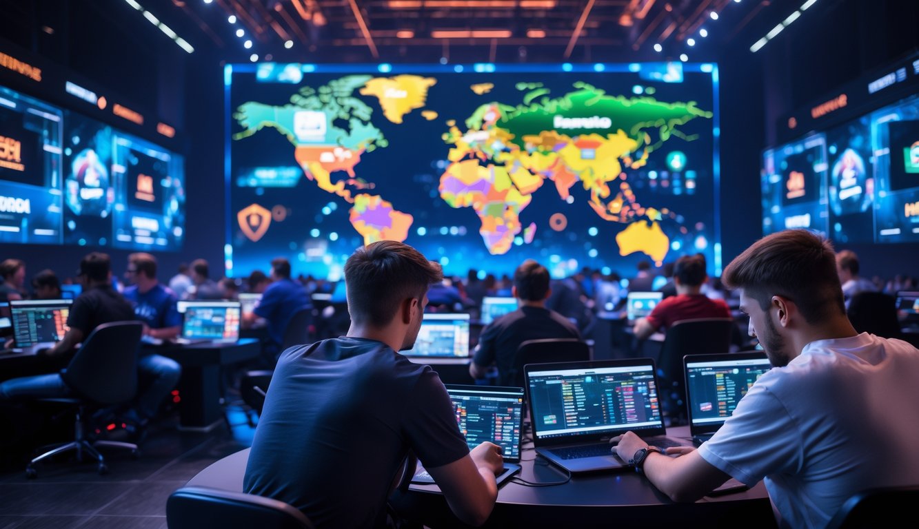 Sejumlah orang muda sedang menggunakan laptop dan ponsel di arena esports yang modern dengan layar besar menampilkan permainan dan peta dunia di latar belakang.