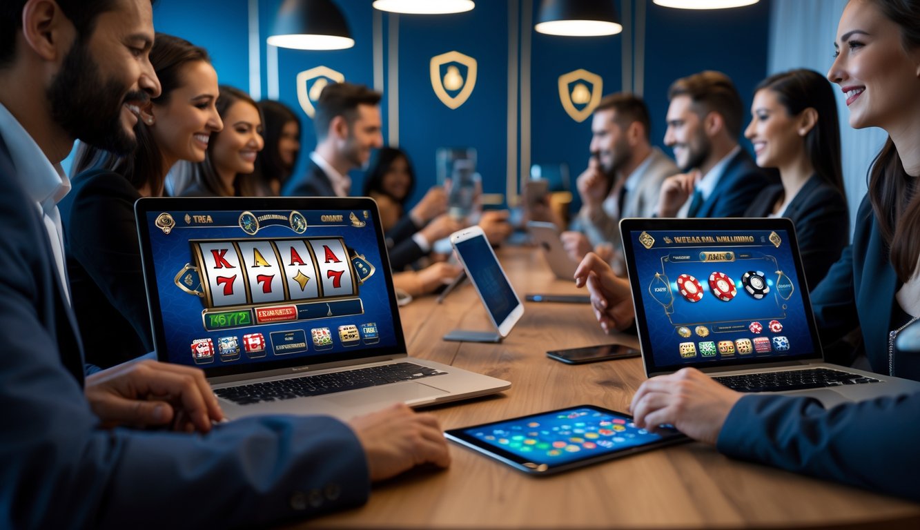 Orang-orang menggunakan perangkat digital untuk bermain permainan kasino online dalam ruangan yang modern dan terang.