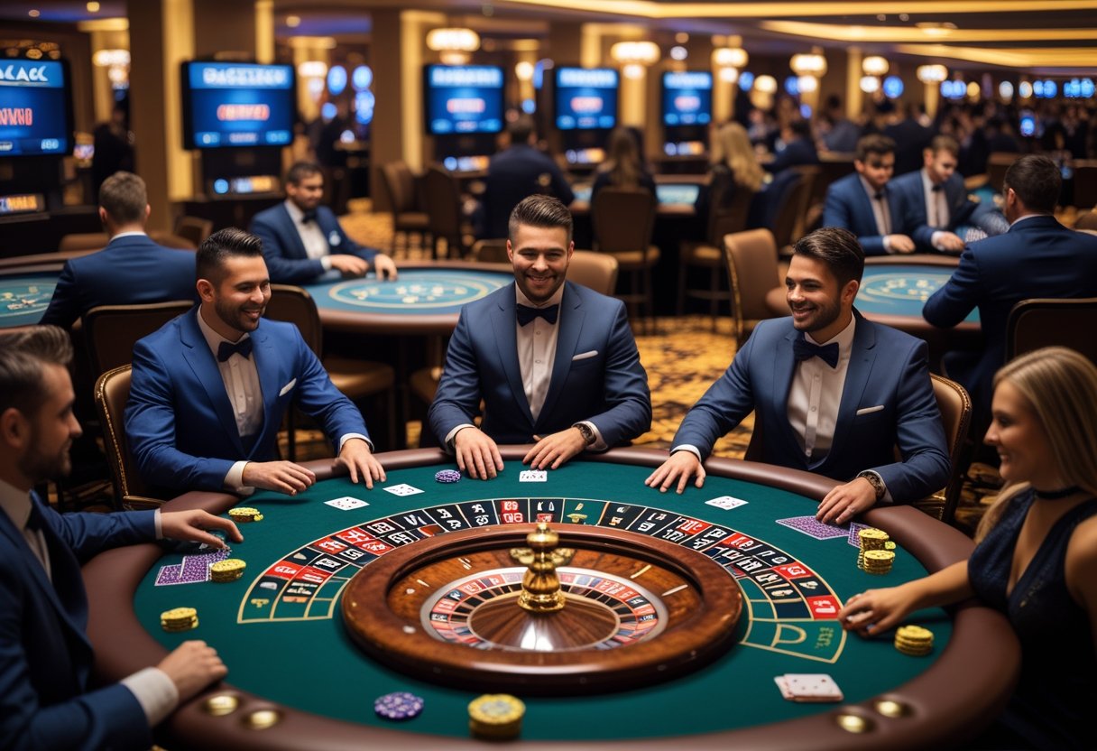 A group of people playing blackjack, roulette, and baccarat with live dealers at a casino gaming tables.