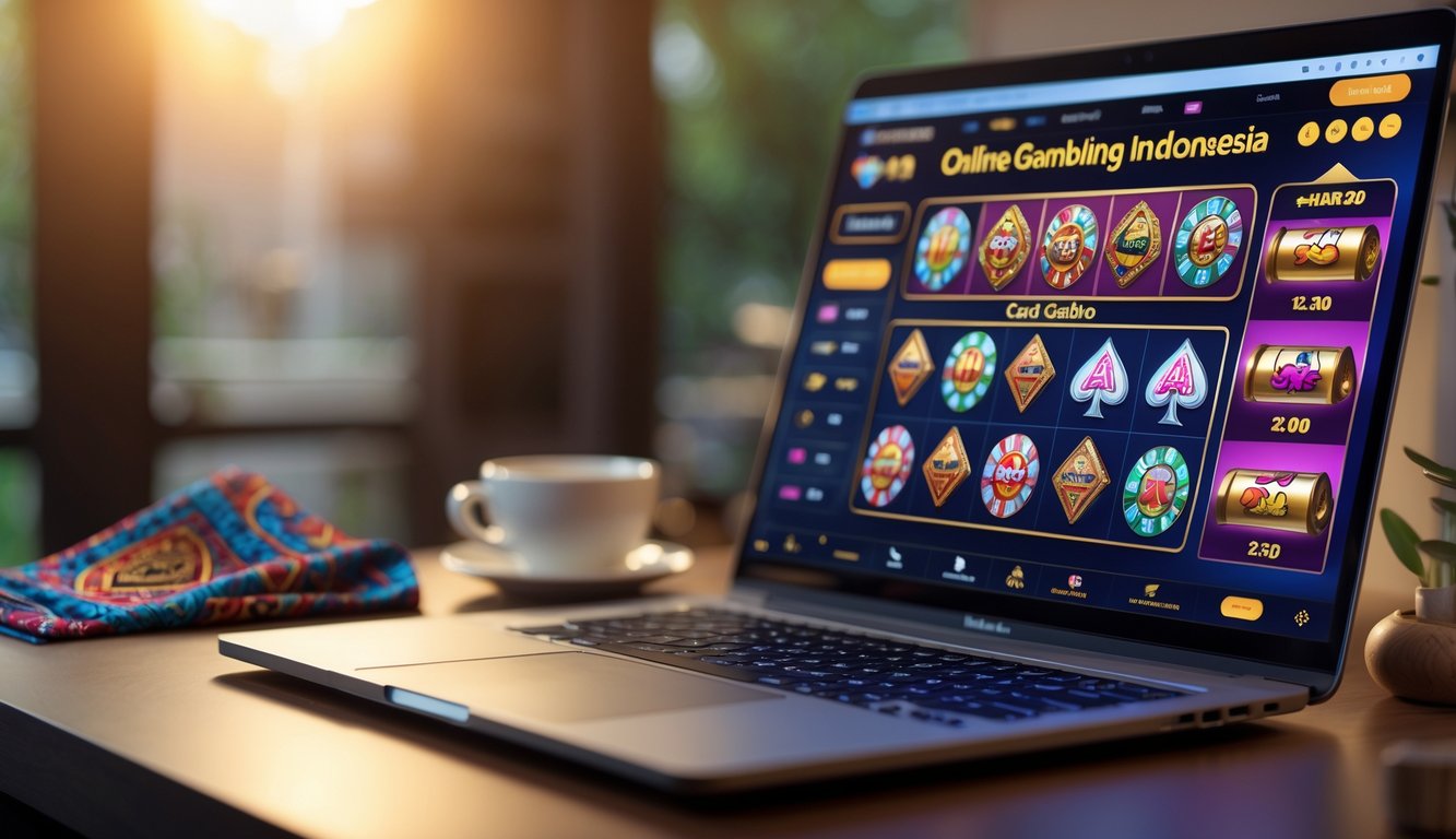 Seorang pria menggunakan laptop dengan tampilan permainan judi online di meja kerja yang dilengkapi dengan cangkir kopi dan kain batik kecil.