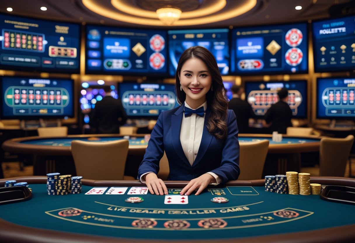 A live dealer at a casino table with cards and chips, surrounded by screens showing live dealer games and players in a modern casino setting.