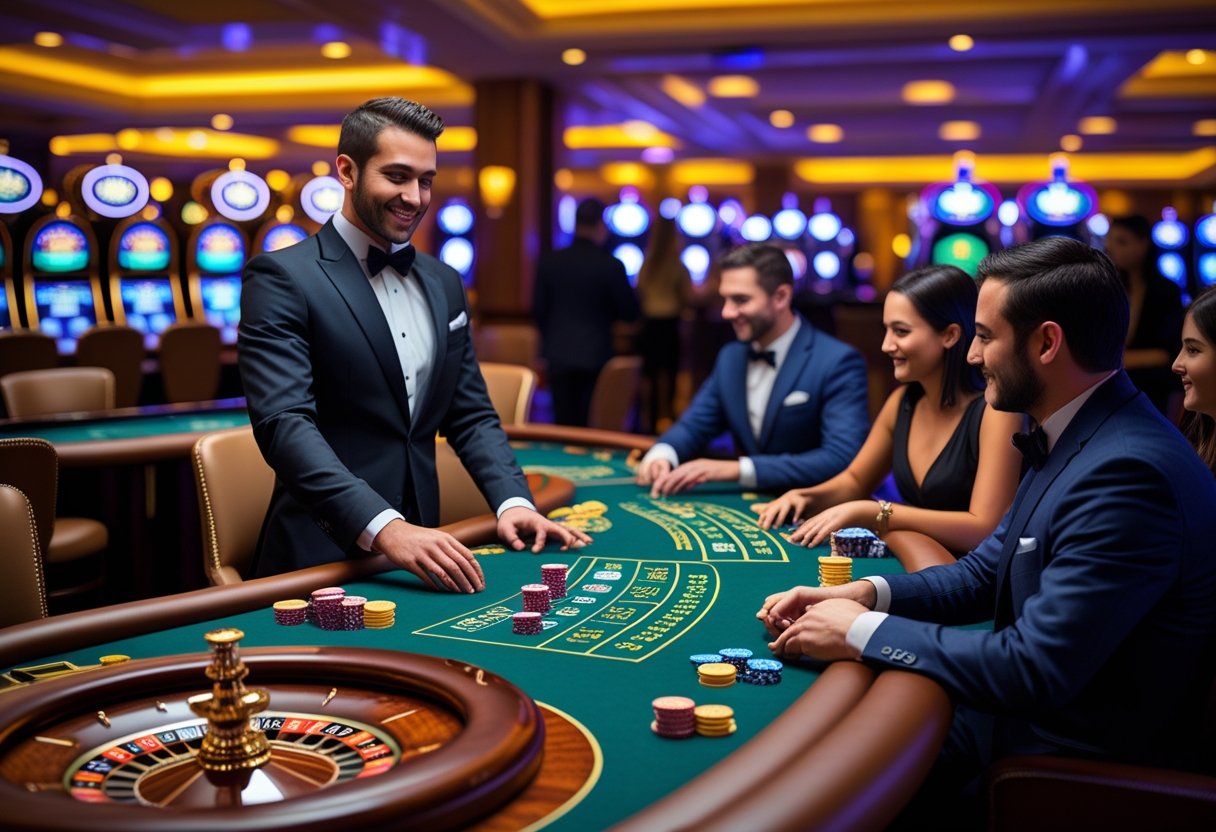 A casino scene with a live dealer and players engaged in blackjack, roulette, baccarat, and poker games at several tables.