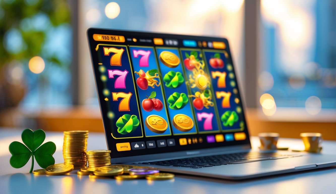 Sebuah komputer dengan layar menampilkan permainan mesin slot online berwarna cerah dengan simbol keberuntungan di atas meja yang rapi.
