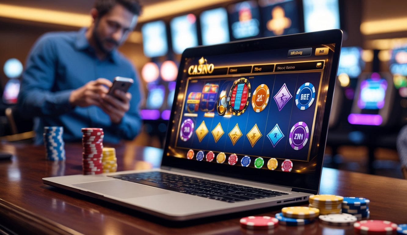 Seorang pria menggunakan laptop dengan layar menampilkan permainan kasino online di meja kayu dengan suasana yang nyaman.