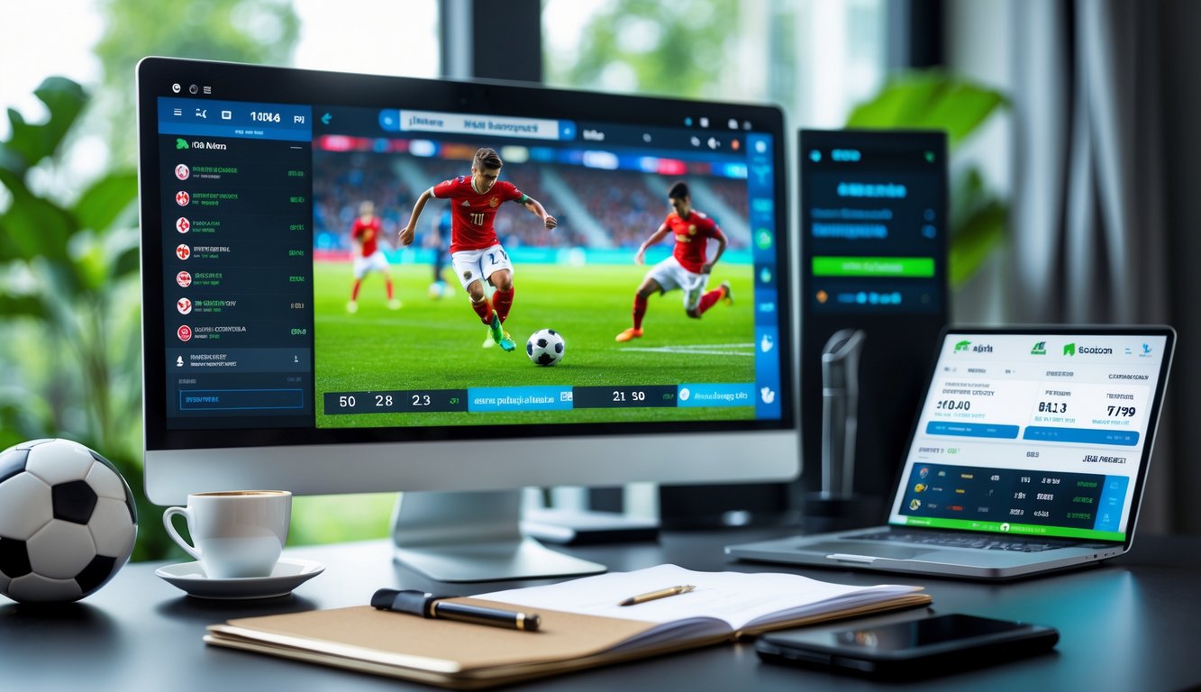 Seseorang menggunakan komputer dan ponsel untuk bertaruh pada pertandingan sepak bola secara online di meja kerja modern.