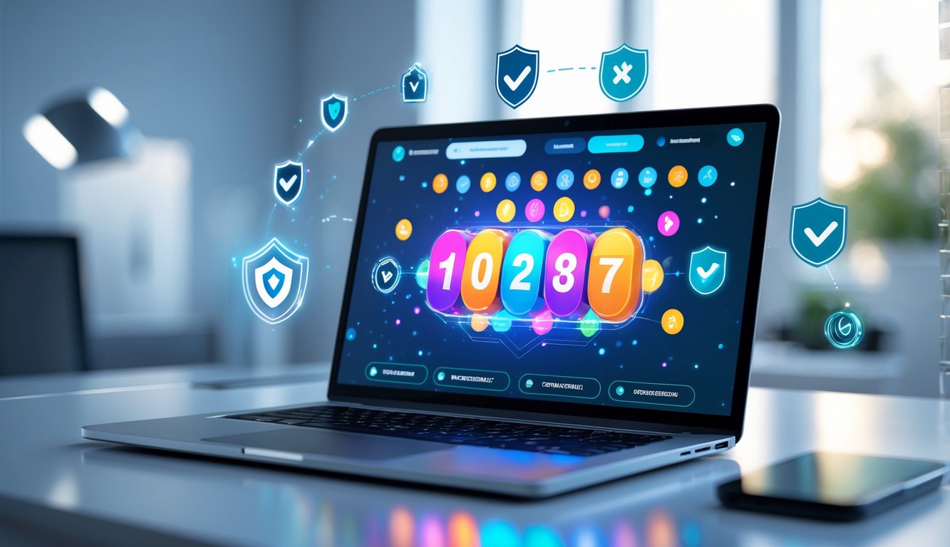 Seorang profesional menggunakan laptop dengan tampilan antarmuka lotere online resmi di meja kerja yang rapi.