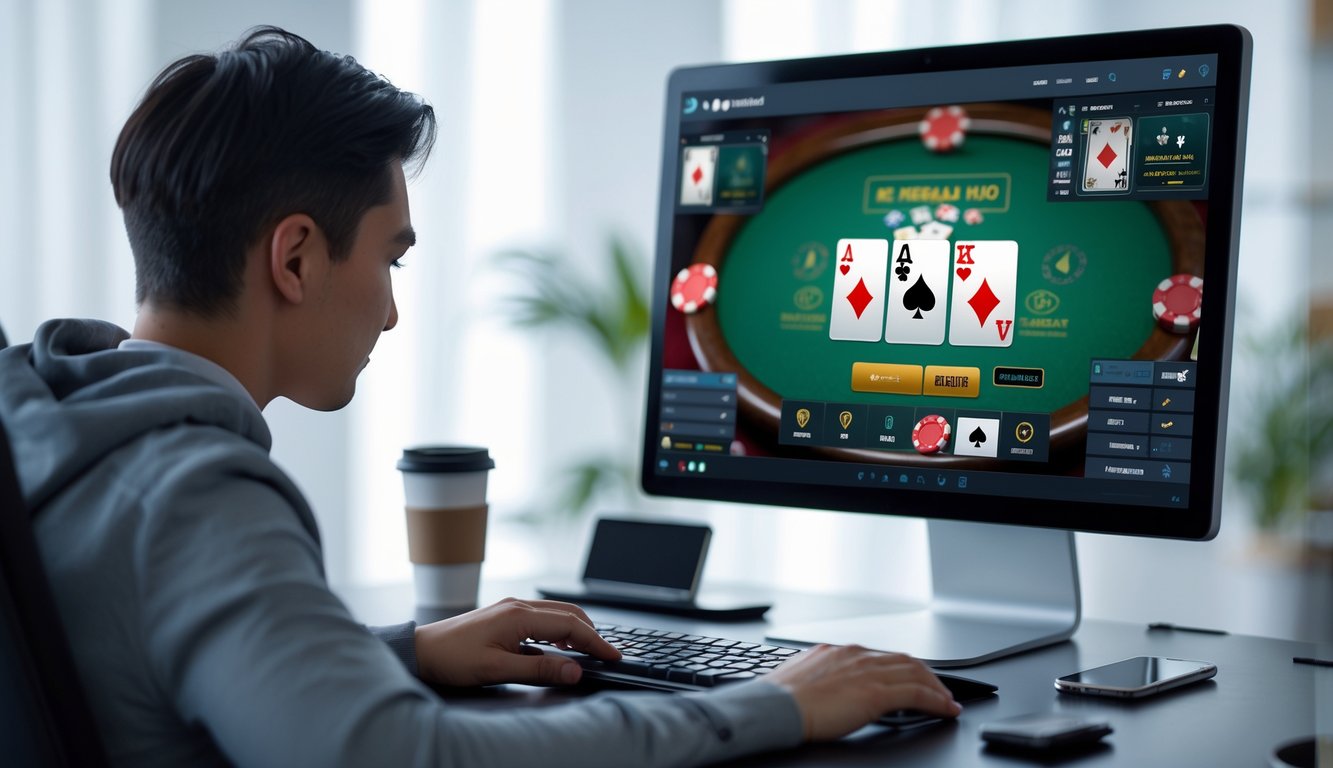 Seseorang sedang bermain poker online menggunakan komputer di ruangan dengan pencahayaan terang.