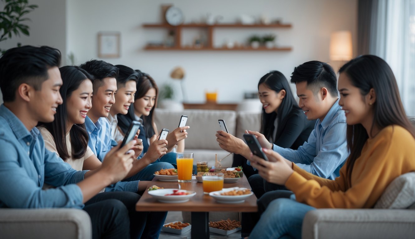 Sekelompok orang muda bermain permainan kartu Bandar Ceme secara online menggunakan perangkat digital di ruang tamu yang nyaman.