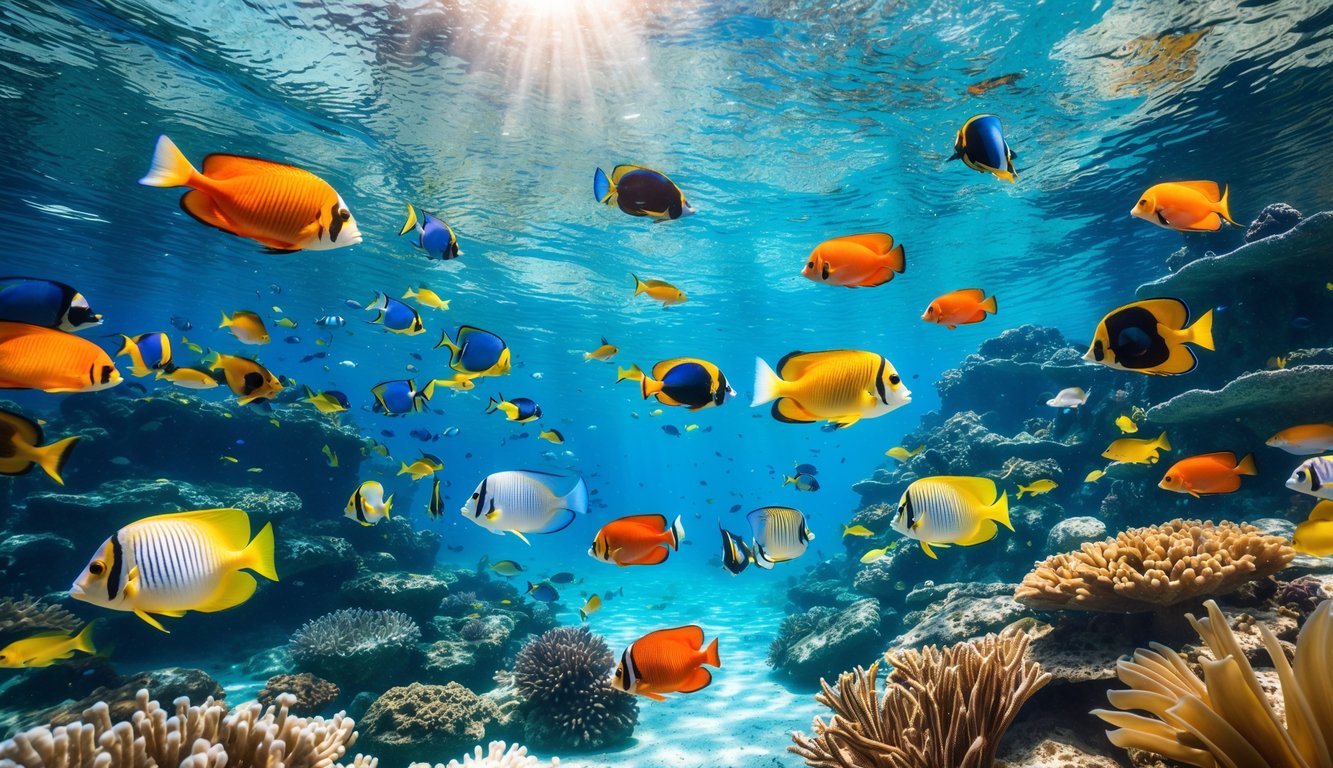Pemandangan bawah laut dengan berbagai ikan tropis berwarna-warni berenang di antara terumbu karang.