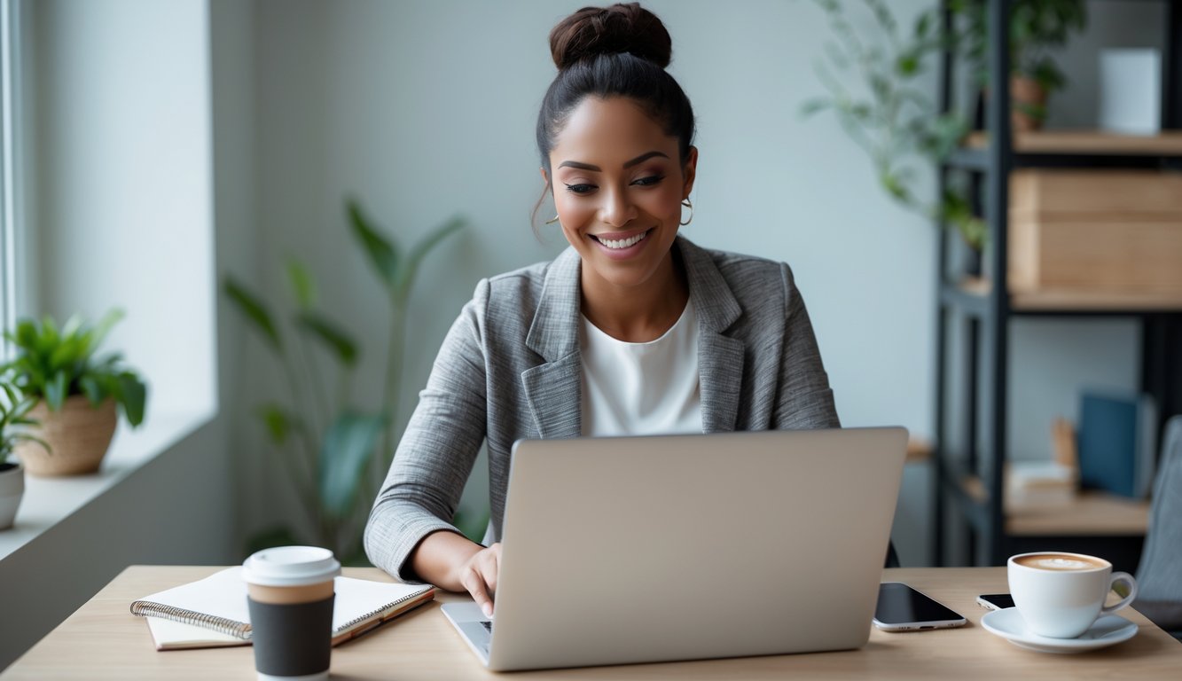 Seorang wanita muda tersenyum menggunakan laptop di meja kerja rumah yang rapi dengan tanaman dan dekorasi di latar belakang.