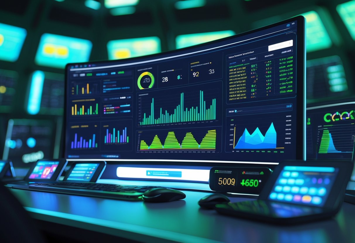 Ilustrasi ruang kontrol modern dengan layar digital yang menampilkan data dan grafik pola stabil RTP secara real-time.