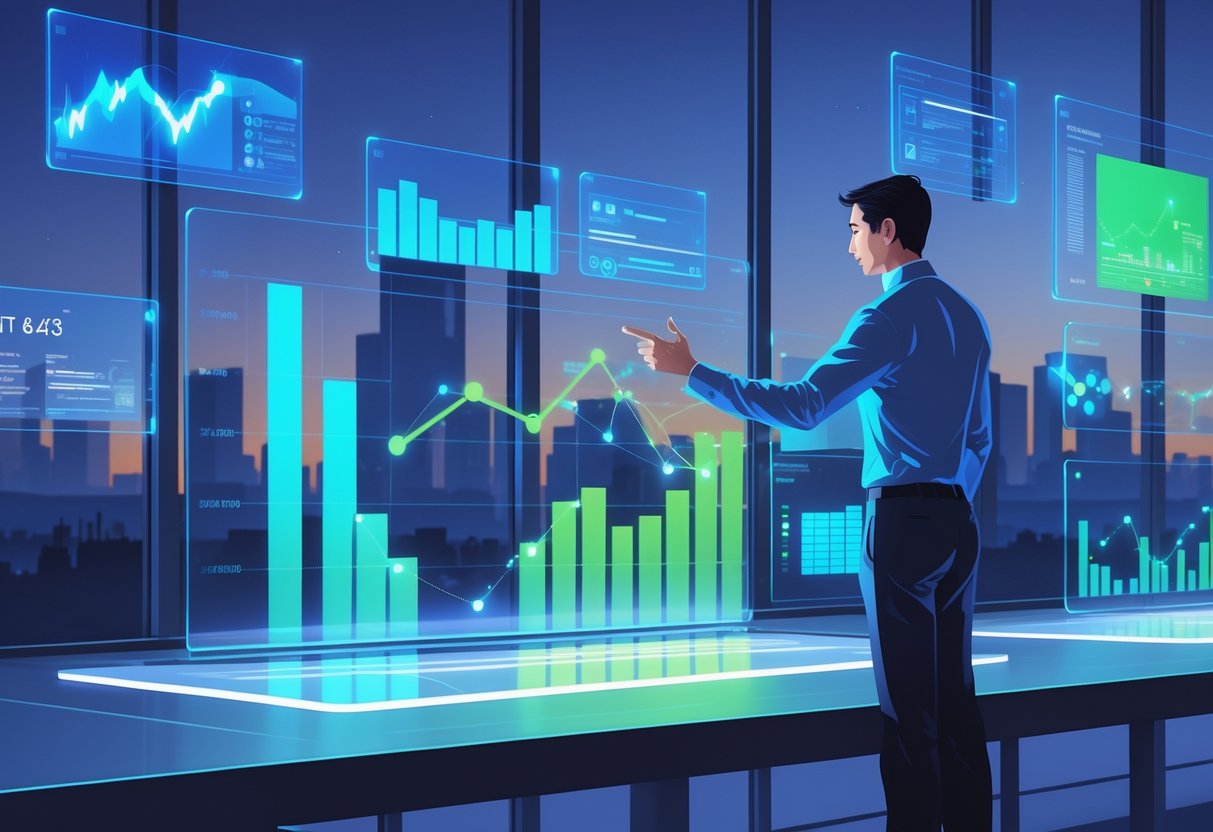 Seorang analis sedang melihat dan berinteraksi dengan layar data digital yang menampilkan grafik dan angka di ruang kerja modern dengan latar belakang siluet kota.