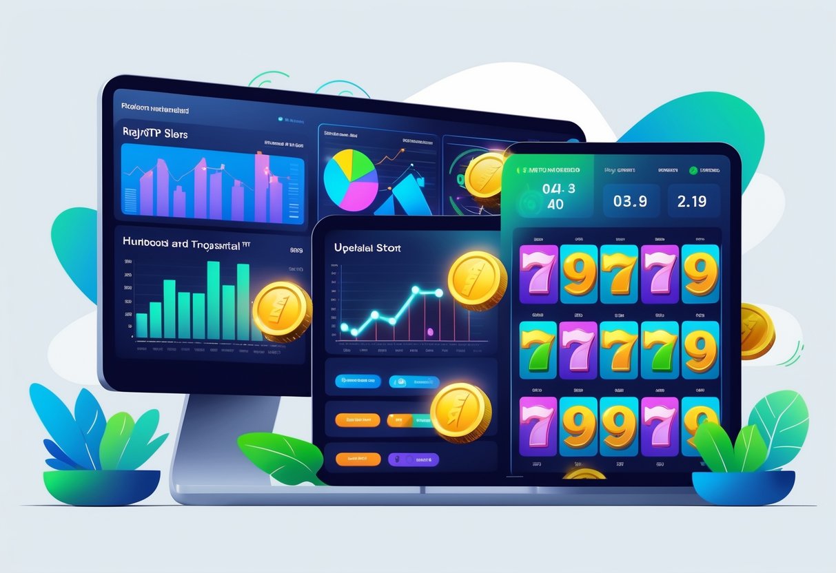 Ilustrasi profesional yang menampilkan dashboard data RTP terbaru dengan grafik dan mesin slot berputar yang menunjukkan pola stabil dan nilai RTP tinggi.