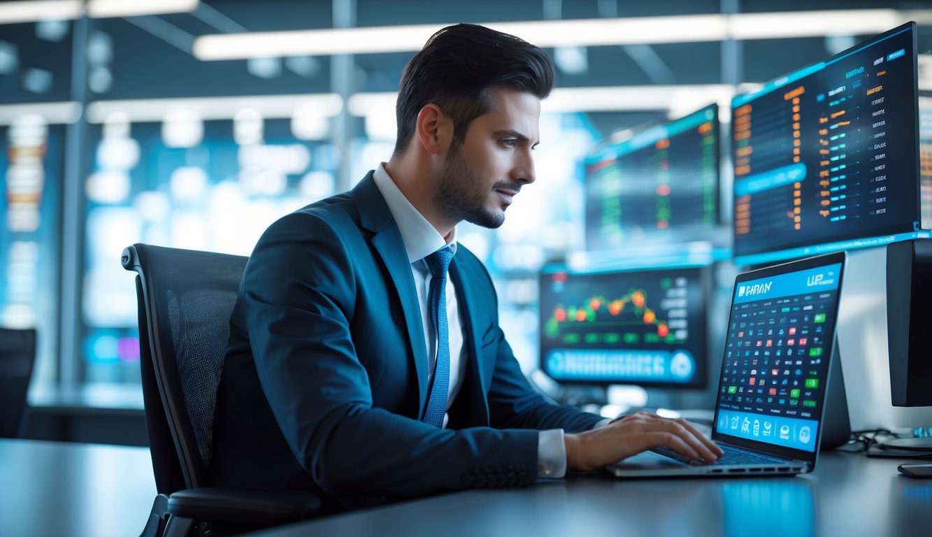 Seorang pria berpakaian rapi duduk di depan laptop dengan beberapa layar di kantor modern yang menunjukkan grafik dan angka terkait permainan daring.