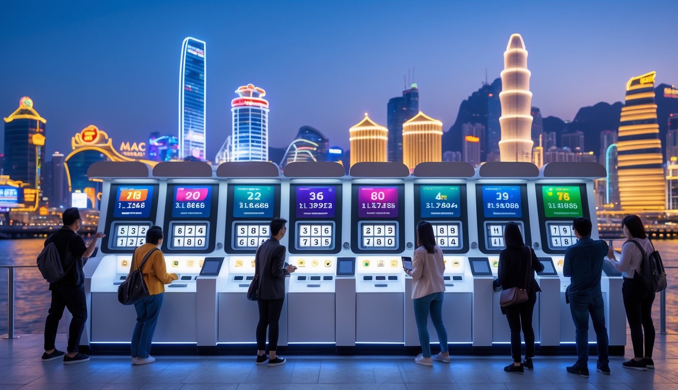 Suasana modern di Macau pada tahun 2025 dengan orang-orang membeli tiket lotere di sebuah konter dengan latar belakang gedung pencakar langit dan kasino yang menyala.