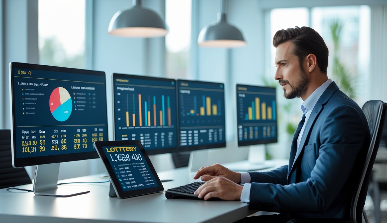 Seorang pria percaya diri di kantor modern sedang menganalisis data pada beberapa layar komputer yang menampilkan grafik dan angka terkait statistik togel.