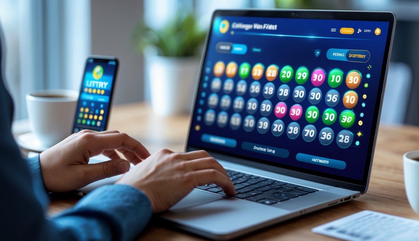 Seseorang menggunakan laptop di meja kerja dengan tampilan angka lotre digital di layar, di samping ada ponsel dan cangkir kopi.