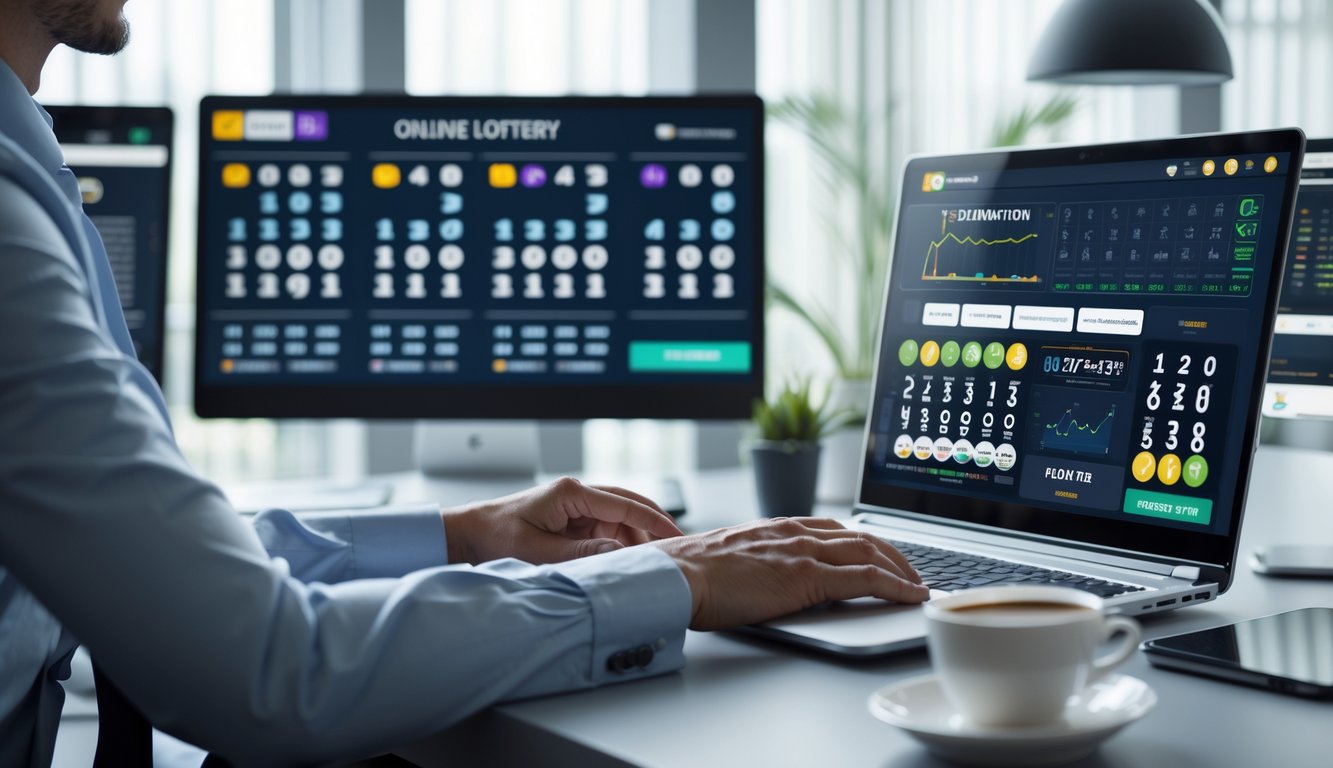 Seorang profesional menggunakan laptop di kantor modern dengan layar menampilkan angka togel dan grafik terkait taruhan online.
