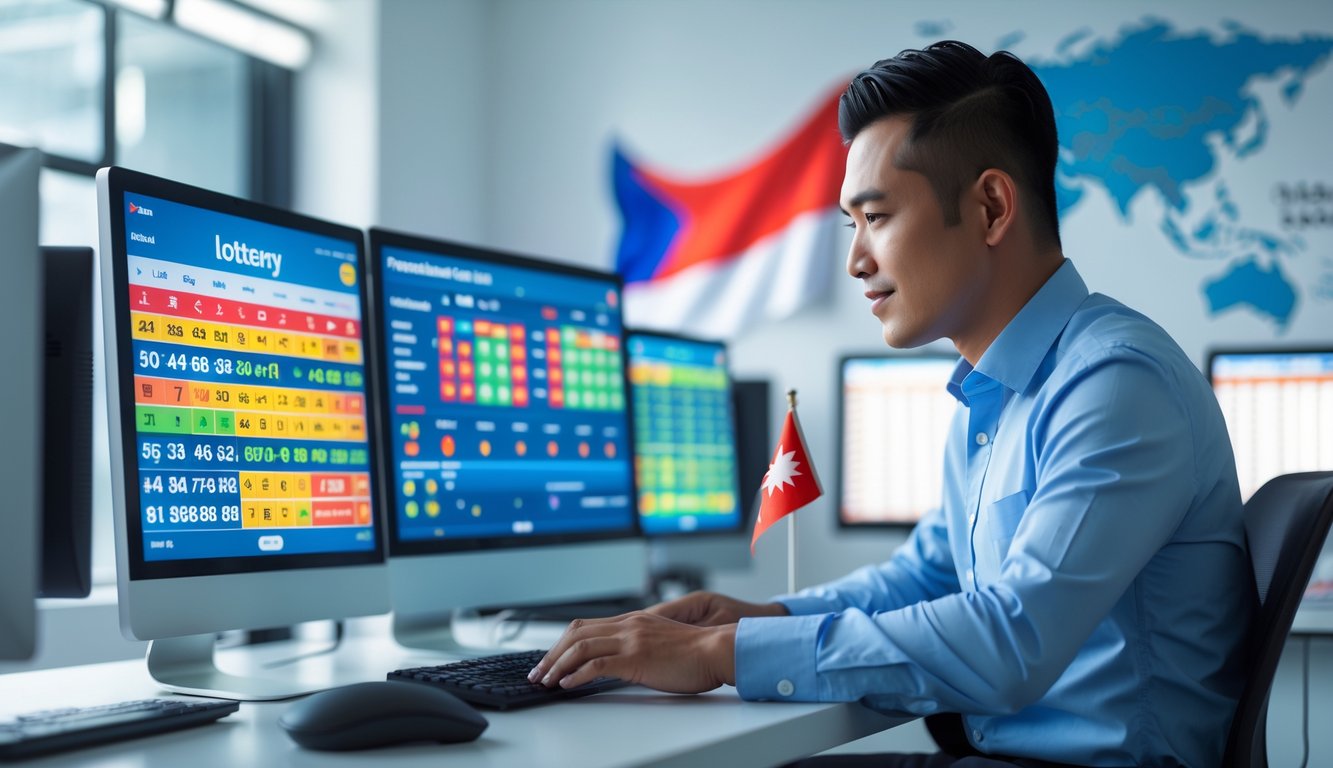 Seorang pria Asia Tenggara duduk di meja dengan beberapa monitor komputer yang menampilkan angka lotere dan grafik, di ruang kantor modern dengan bendera Indonesia kecil di meja.