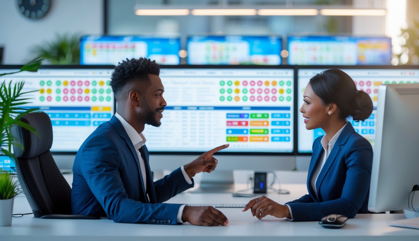 Dua orang profesional sedang berdiskusi di depan komputer dengan layar menampilkan angka lotre dalam sebuah kantor modern.
