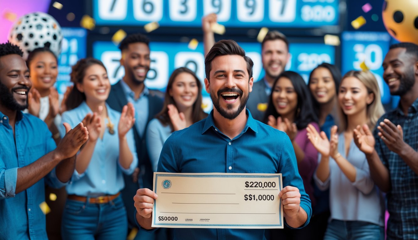 Seorang pria bahagia memegang tiket kemenangan besar dengan orang-orang di sekitarnya merayakan dalam suasana penuh kegembiraan.