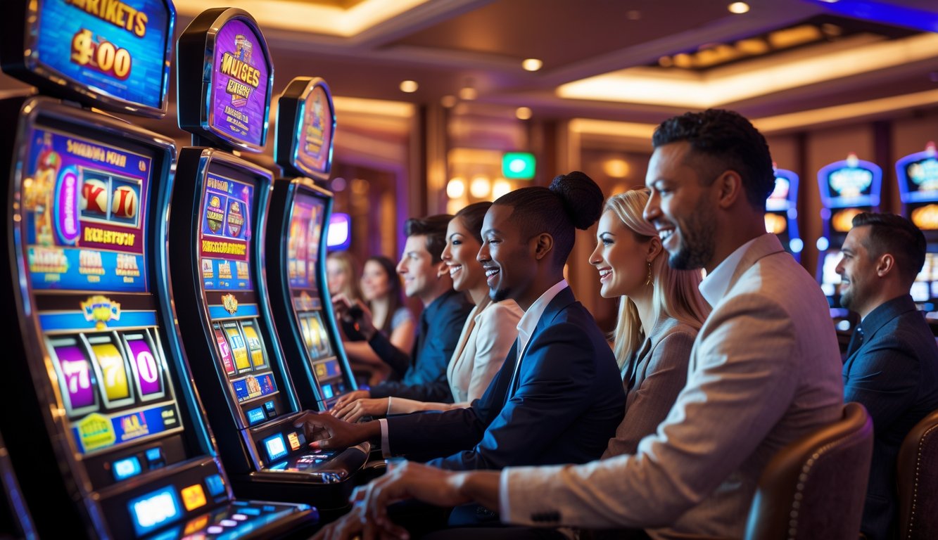 Orang-orang bermain mesin slot di dalam kasino dengan suasana cerah dan ramai.