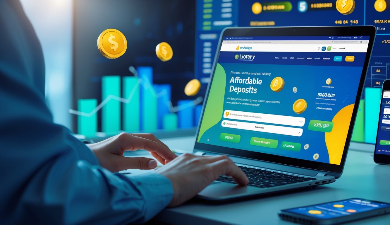 Seseorang menggunakan laptop di meja kerja dengan tampilan situs taruhan togel di layar, dikelilingi oleh elemen digital seperti grafik dan simbol mata uang.