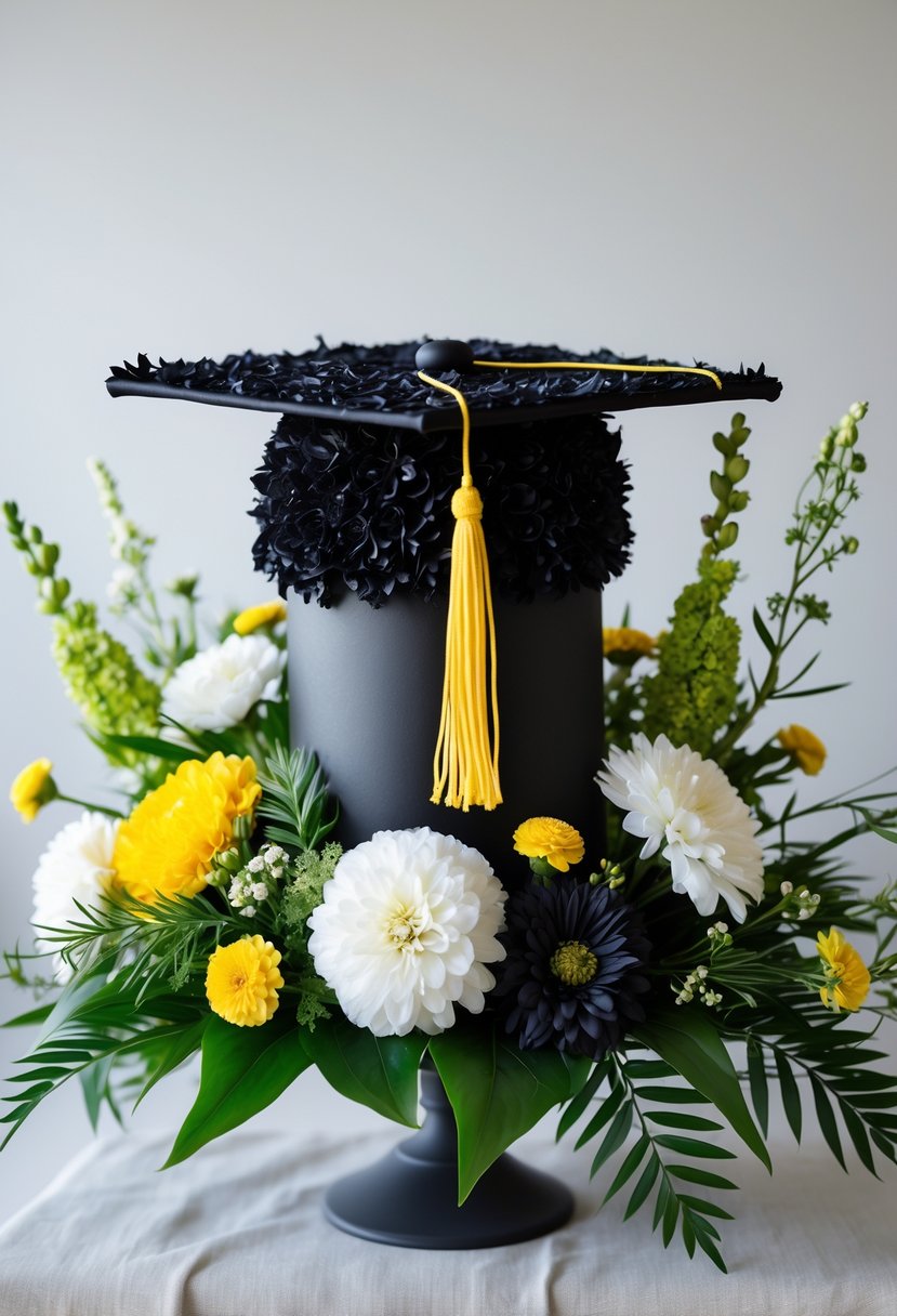 A floral arrangement designed to look like a graduation cap and gown, made with black, yellow, white, and green flowers on a neutral background.