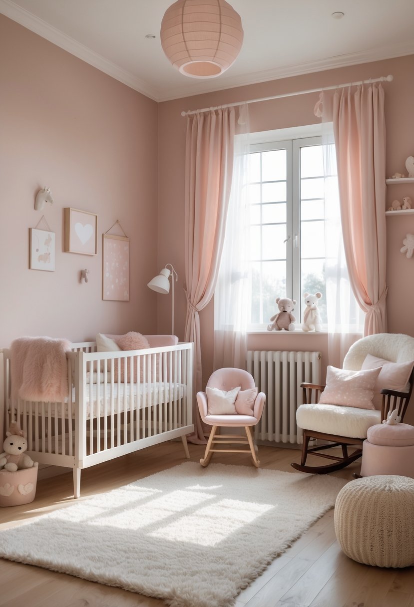 A nursery room with soft blush walls, a white crib, pastel decorations, and gentle natural light creating a calm and cozy atmosphere.