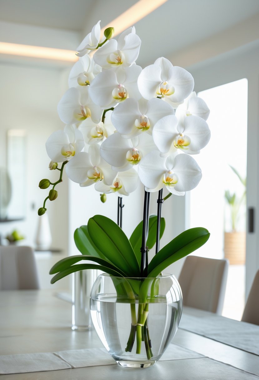 Fresh white orchids in a clear glass vase on a dining room table.