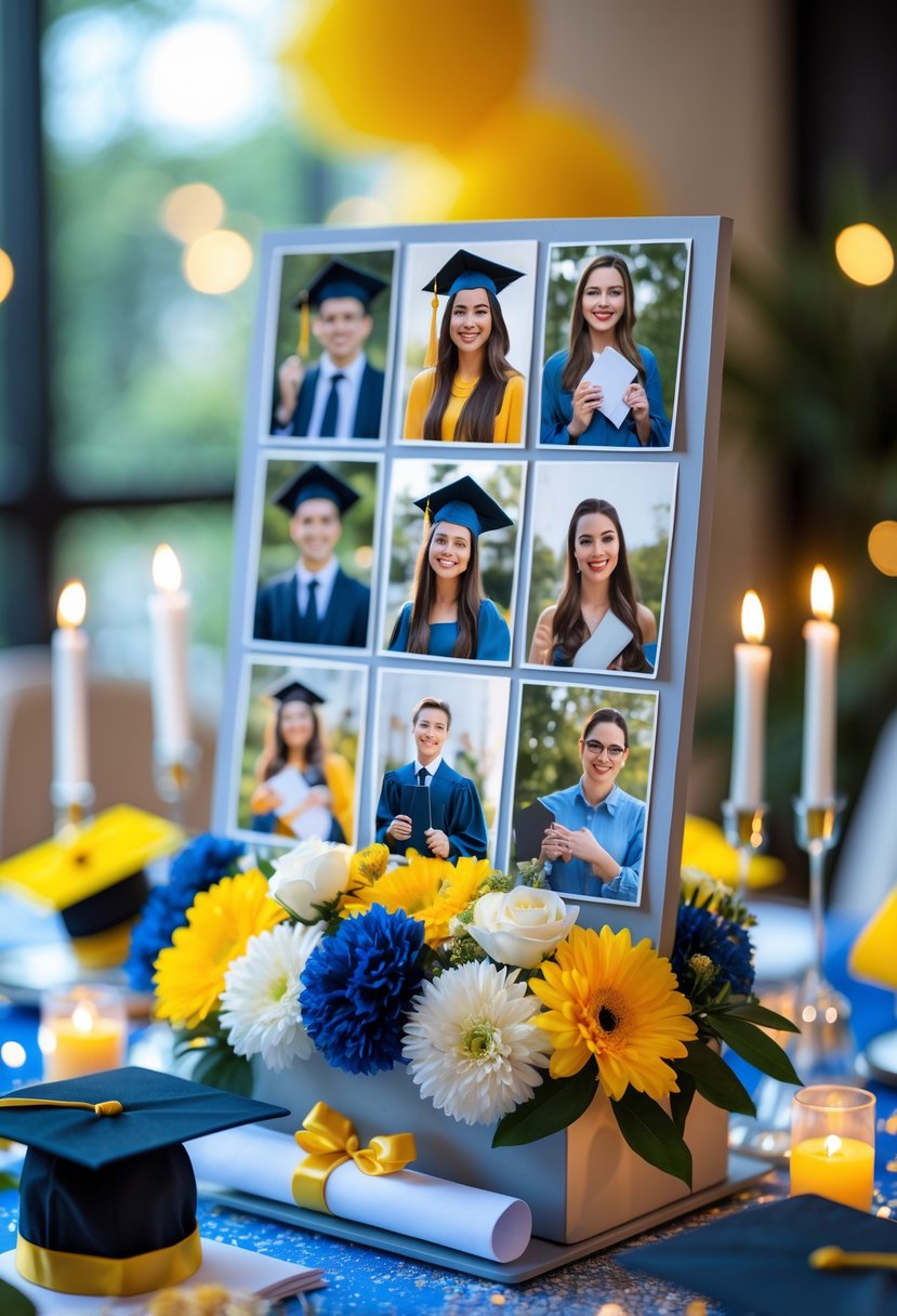 A graduation photo collage centerpiece with photos, miniature caps, diplomas, and flowers on a decorated celebration table.