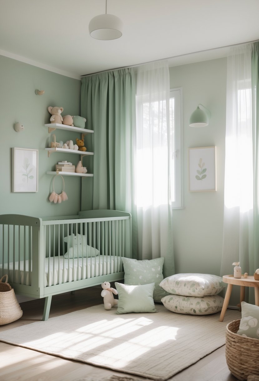 A nursery room with sage green accents, pastel decor, a crib, plush toys, and soft natural lighting creating a calm and peaceful space.