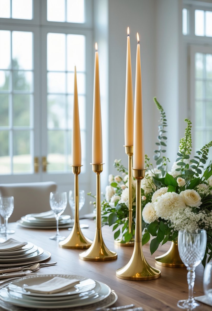 A dining table with tall tapered candles in brass holders arranged as a centerpiece, surrounded by elegant table settings.