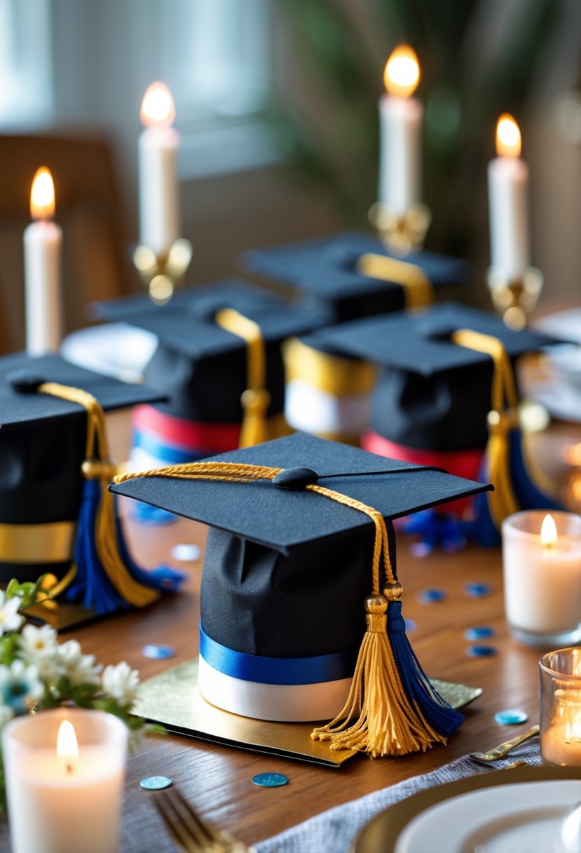 A table decorated with multiple mini black graduation caps with colorful tassels as centerpieces for a graduation celebration.