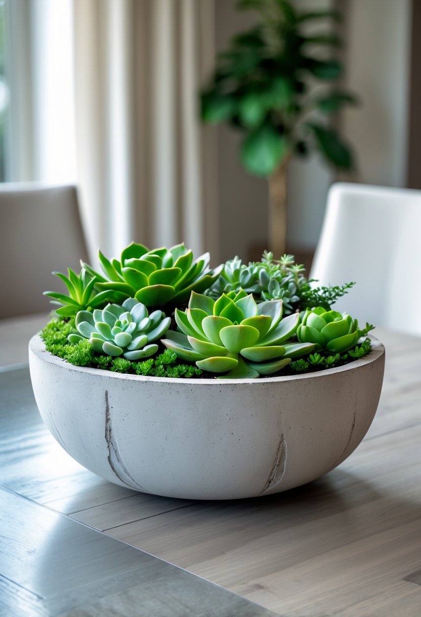 A concrete bowl filled with green succulents placed on a dining room table.