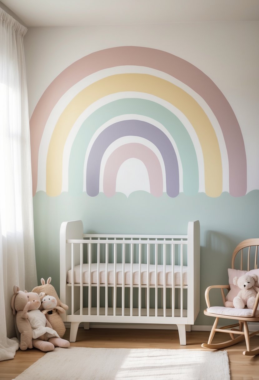 A nursery room with a pastel rainbow mural on the wall, a white crib, a wooden rocking chair, and soft natural light creating a peaceful atmosphere.