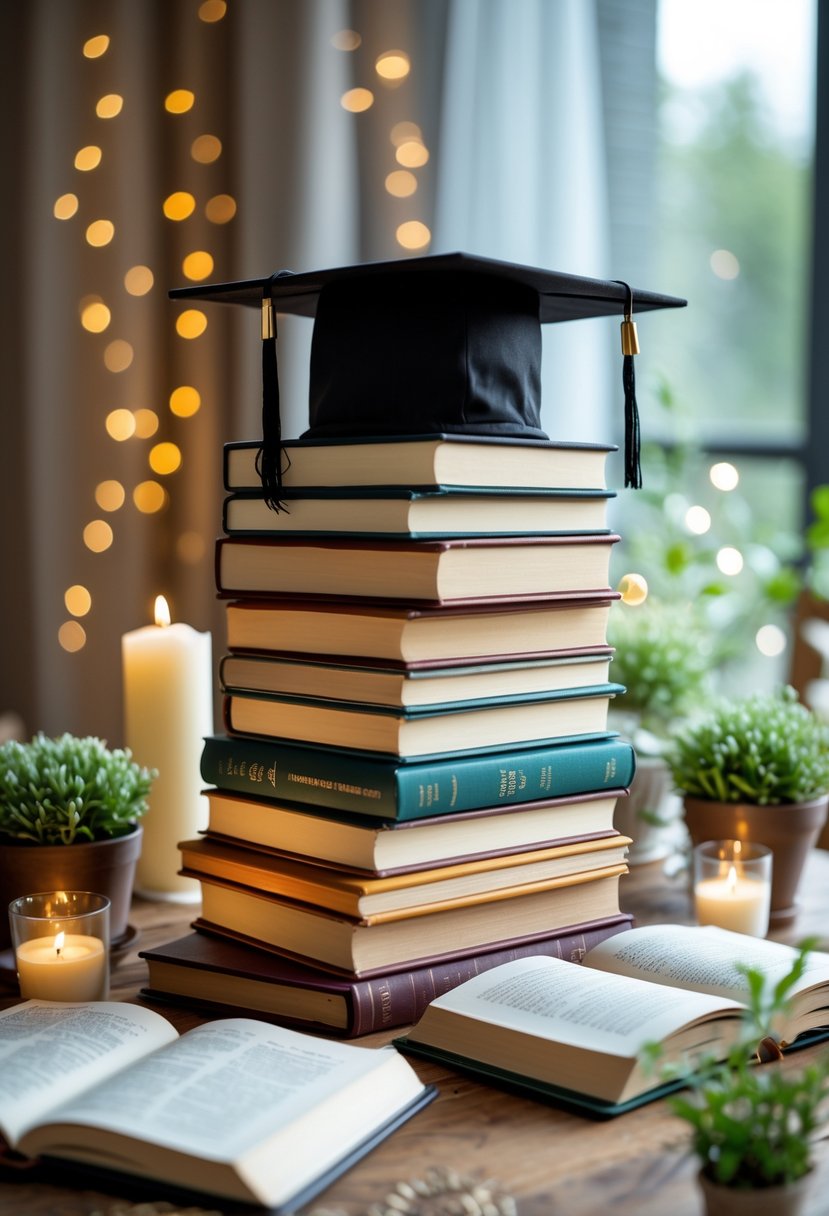 A stack of hardcover books arranged on a wooden table with small plants and candles around them.